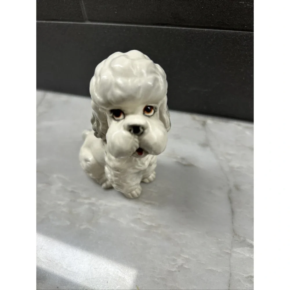 Lefton White Sitting Poodle MCM Foil Sticker Porcelain Dog 4